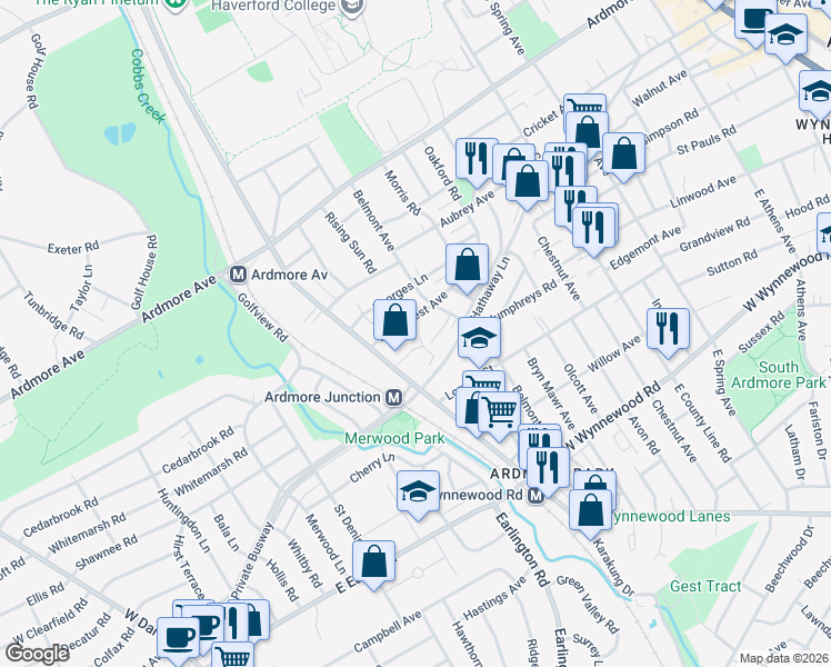 map of restaurants, bars, coffee shops, grocery stores, and more near 2717 Haverford Road in Ardmore