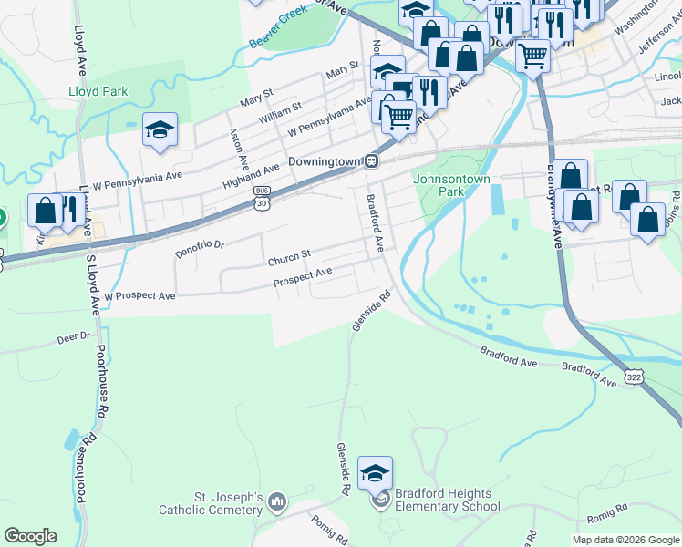 map of restaurants, bars, coffee shops, grocery stores, and more near 254 Prospect Avenue in Downingtown