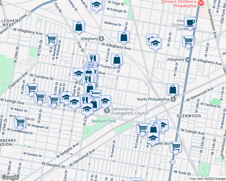 map of restaurants, bars, coffee shops, grocery stores, and more near 2006 West Cambria Street in Philadelphia