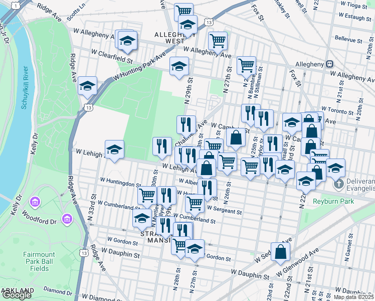 map of restaurants, bars, coffee shops, grocery stores, and more near 2751 North Dover Street in Philadelphia