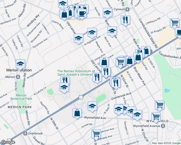 map of restaurants, bars, coffee shops, grocery stores, and more near 19 Orchard Road in Merion Station