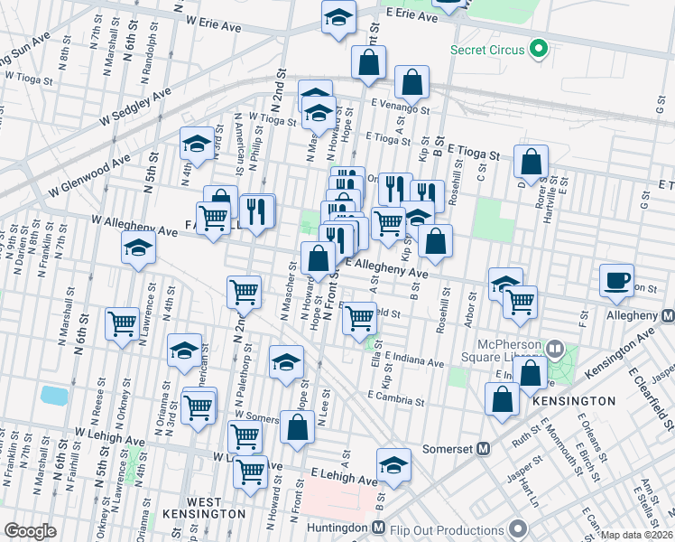 map of restaurants, bars, coffee shops, grocery stores, and more near 3137 North Front Street in Philadelphia