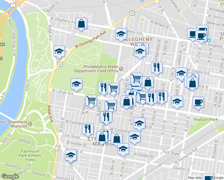 map of restaurants, bars, coffee shops, grocery stores, and more near 2744 North 29th Street in Philadelphia