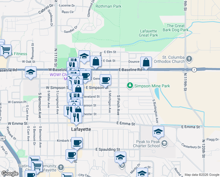 map of restaurants, bars, coffee shops, grocery stores, and more near 501 East Cleveland Street in Lafayette