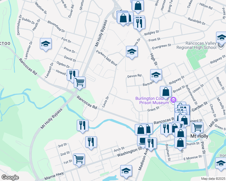map of restaurants, bars, coffee shops, grocery stores, and more near 150 Joseph Place in Mount Holly