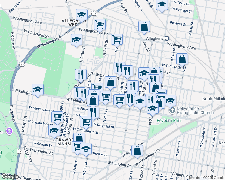 map of restaurants, bars, coffee shops, grocery stores, and more near 2802 North Bambrey Street in Philadelphia