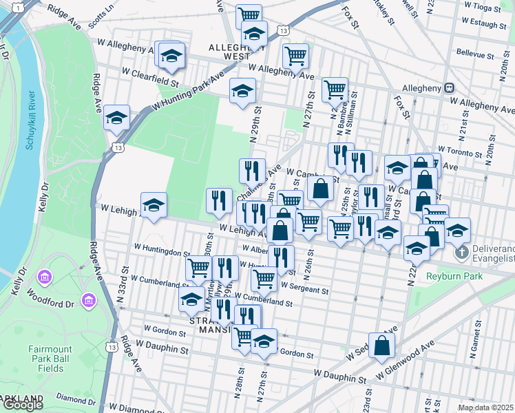 map of restaurants, bars, coffee shops, grocery stores, and more near 2752 North Newkirk Street in Philadelphia