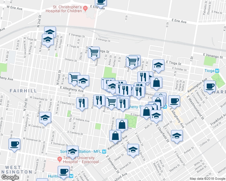 map of restaurants, bars, coffee shops, grocery stores, and more near 3220 D Street in Philadelphia