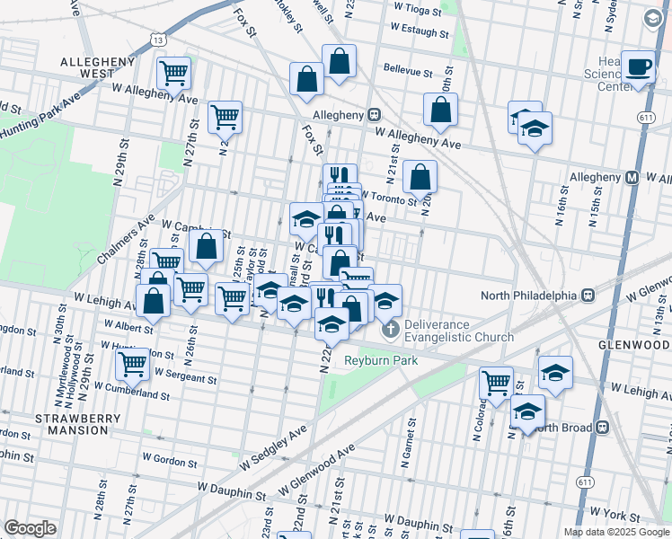 map of restaurants, bars, coffee shops, grocery stores, and more near 2816 North Van Pelt Street in Philadelphia