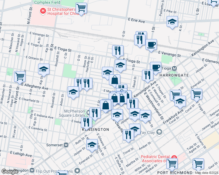 map of restaurants, bars, coffee shops, grocery stores, and more near 741 East Willard Street in Philadelphia