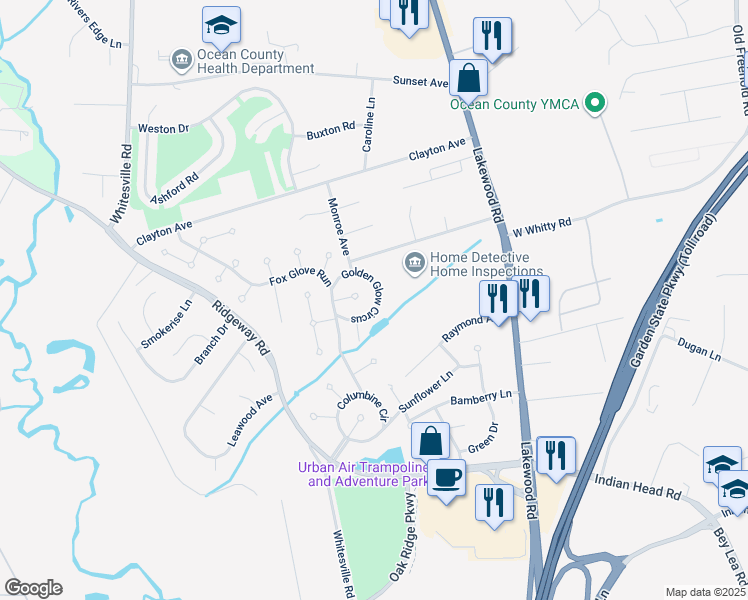 map of restaurants, bars, coffee shops, grocery stores, and more near 45 Golden Glow Circus in Toms River
