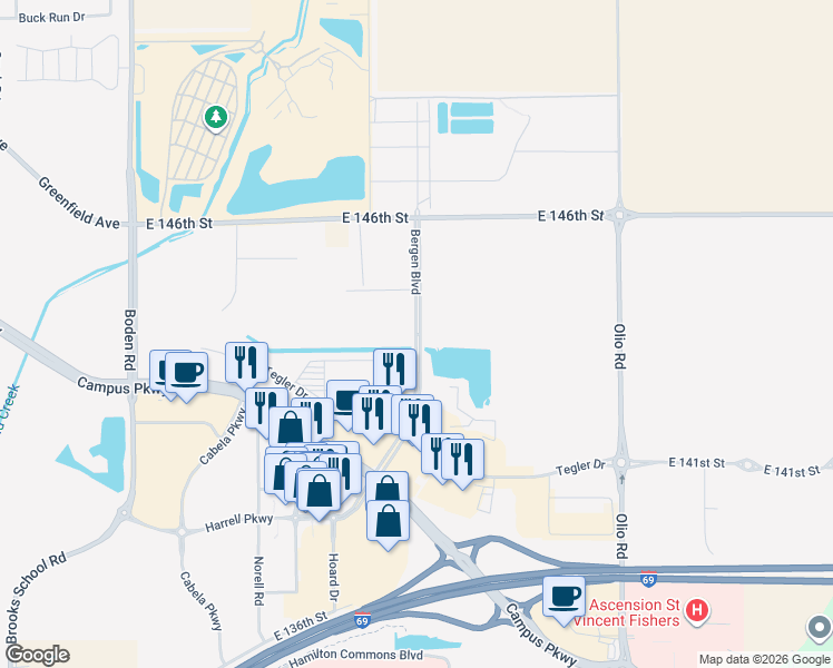 map of restaurants, bars, coffee shops, grocery stores, and more near Bergen Boulevard in Noblesville