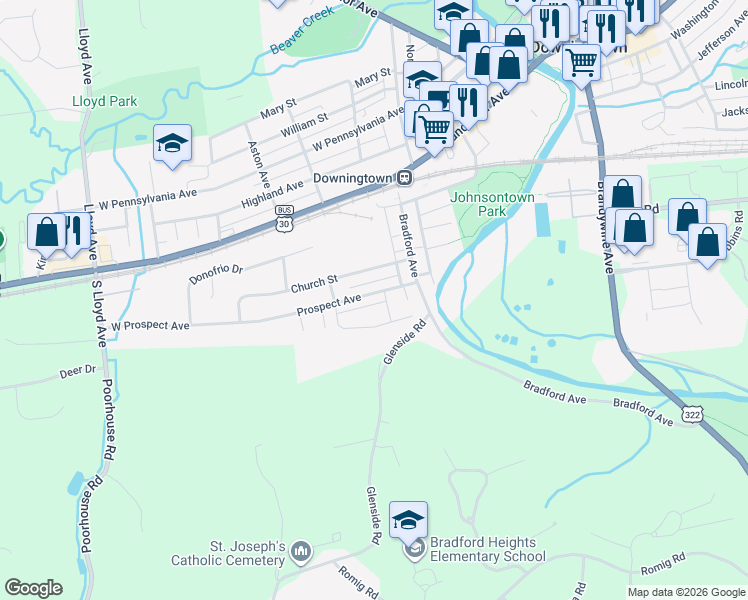 map of restaurants, bars, coffee shops, grocery stores, and more near 254 Prospect Avenue in Downingtown