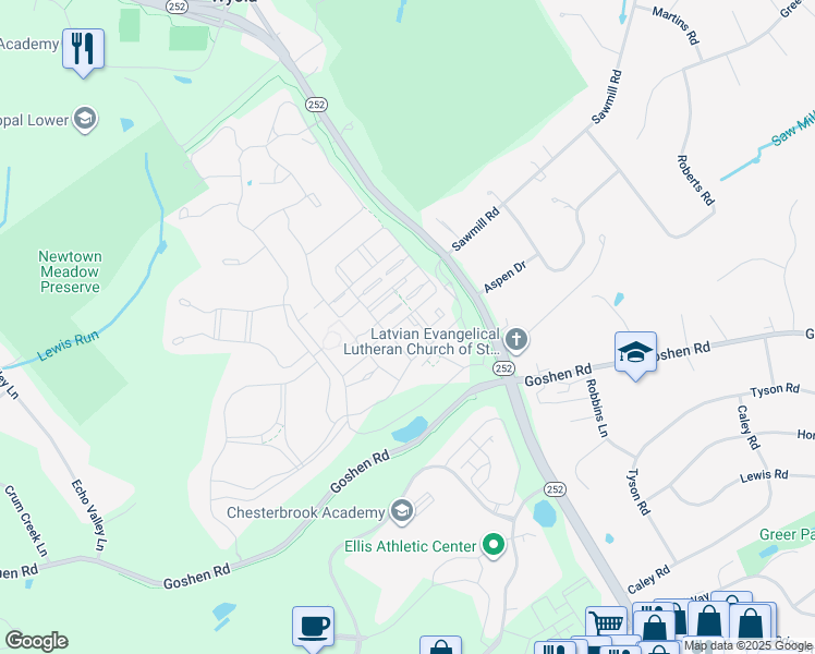 map of restaurants, bars, coffee shops, grocery stores, and more near 304 Orchard Lane in Newtown Square