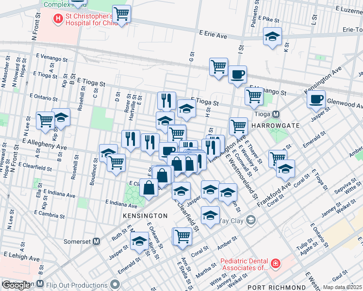 map of restaurants, bars, coffee shops, grocery stores, and more near 810 East Westmoreland Street in Philadelphia