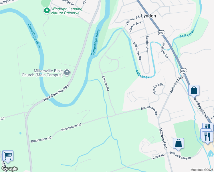map of restaurants, bars, coffee shops, grocery stores, and more near 339 Eckman Road in Lancaster