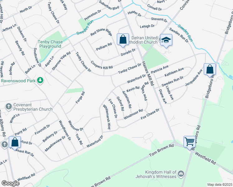 map of restaurants, bars, coffee shops, grocery stores, and more near 172 Oxford Road in Delran