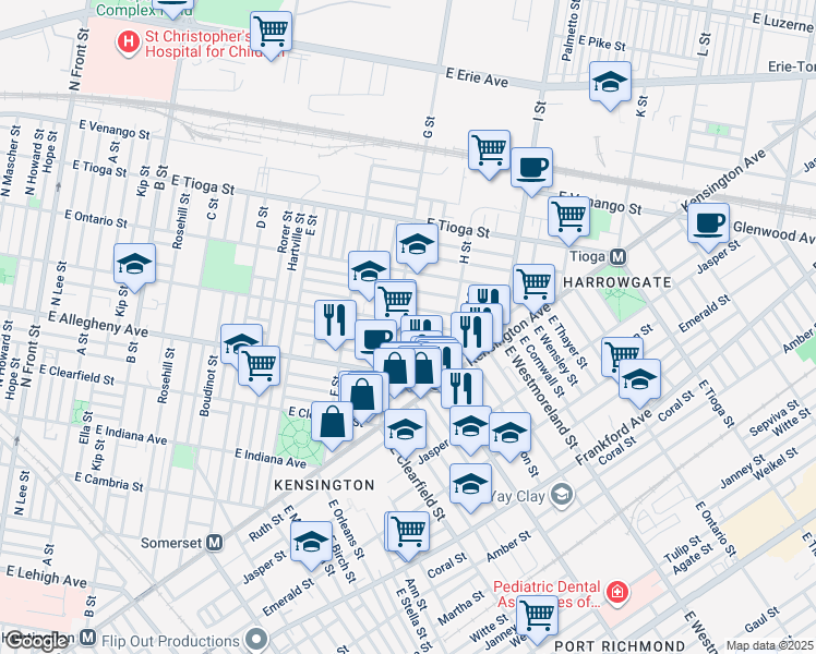 map of restaurants, bars, coffee shops, grocery stores, and more near 812 East Westmoreland Street in Philadelphia