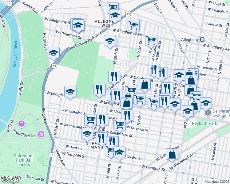 map of restaurants, bars, coffee shops, grocery stores, and more near 2753 North Dover Street in Philadelphia