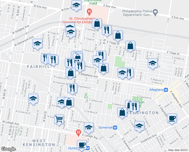map of restaurants, bars, coffee shops, grocery stores, and more near 3200 Kip Street in Philadelphia