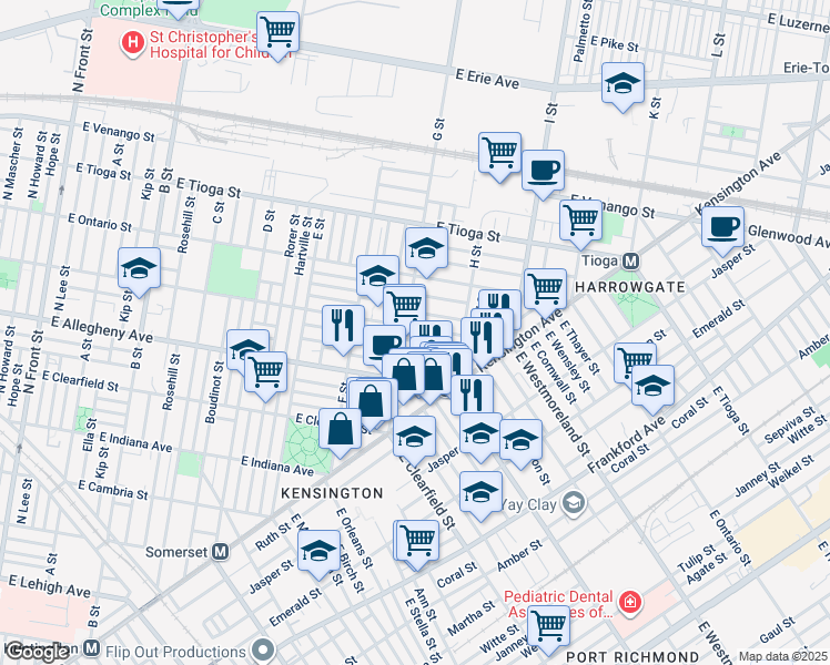 map of restaurants, bars, coffee shops, grocery stores, and more near 810 East Westmoreland Street in Philadelphia