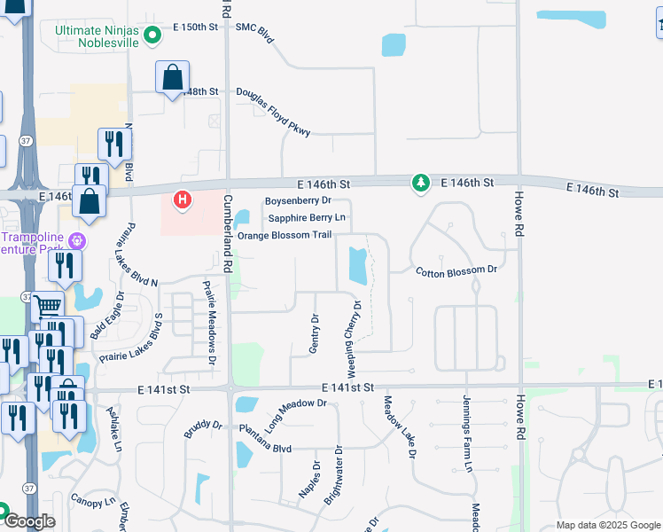 map of restaurants, bars, coffee shops, grocery stores, and more near 10090 Weeping Cherry Drive in Fishers