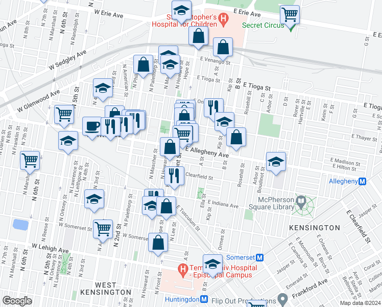 map of restaurants, bars, coffee shops, grocery stores, and more near 128 East Allegheny Avenue in Philadelphia