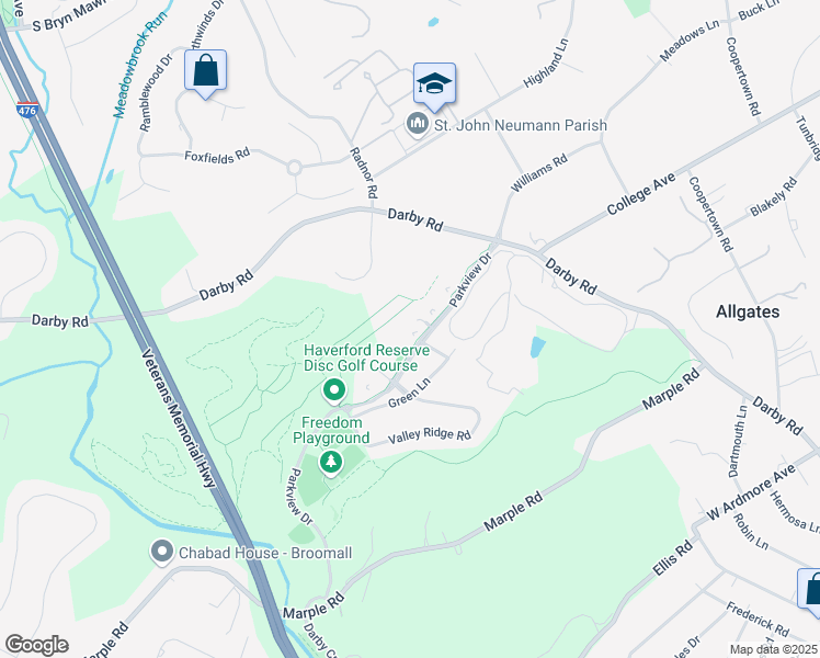 map of restaurants, bars, coffee shops, grocery stores, and more near 3206 Parkview Drive in Haverford