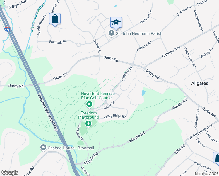 map of restaurants, bars, coffee shops, grocery stores, and more near 3206 Parkview Drive in Haverford