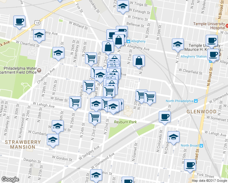 map of restaurants, bars, coffee shops, grocery stores, and more near 2845 North 22nd Street in Philadelphia