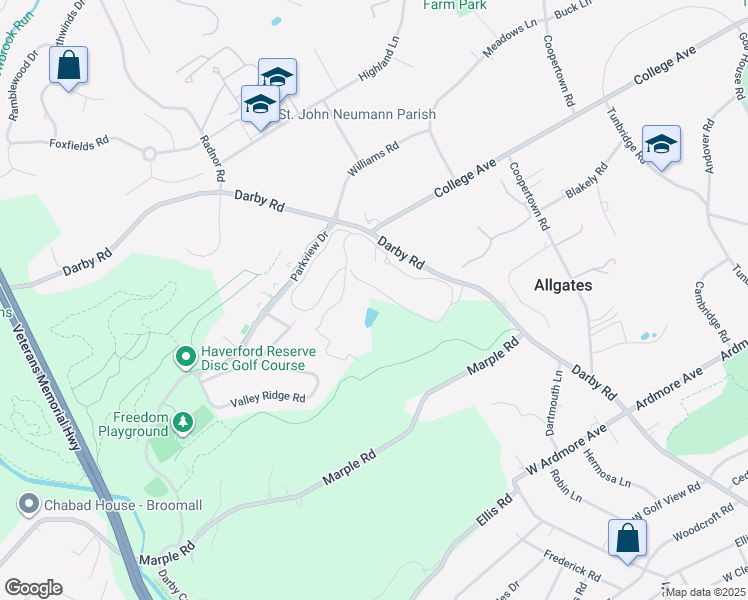 map of restaurants, bars, coffee shops, grocery stores, and more near 3300 Darby Road in Haverford