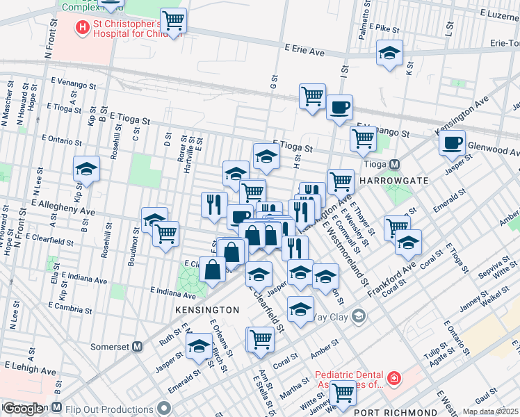 map of restaurants, bars, coffee shops, grocery stores, and more near 812 East Westmoreland Street in Philadelphia