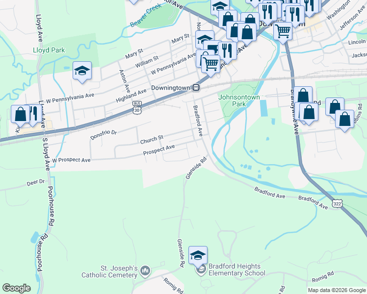 map of restaurants, bars, coffee shops, grocery stores, and more near 254 Prospect Avenue in Downingtown