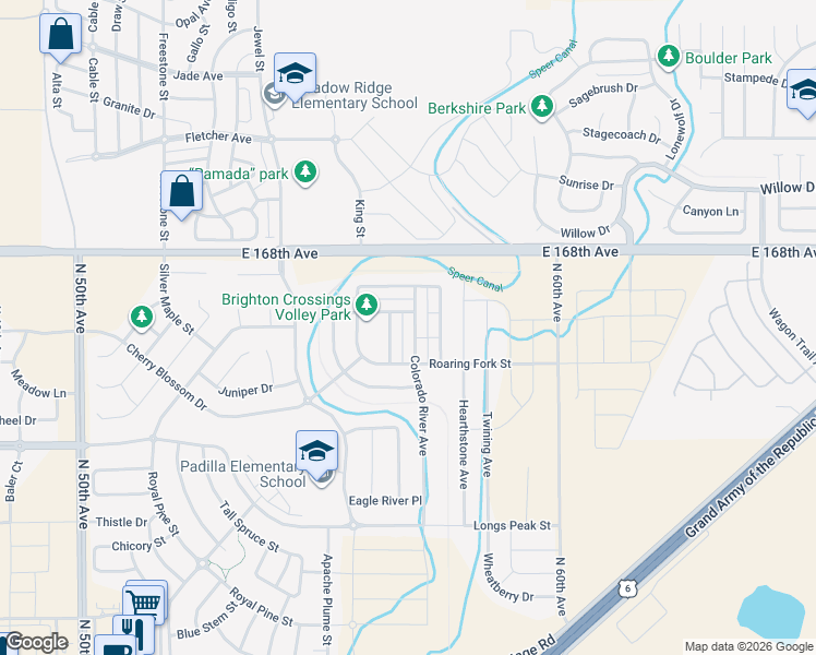 map of restaurants, bars, coffee shops, grocery stores, and more near 778 Colorado River Avenue in Brighton