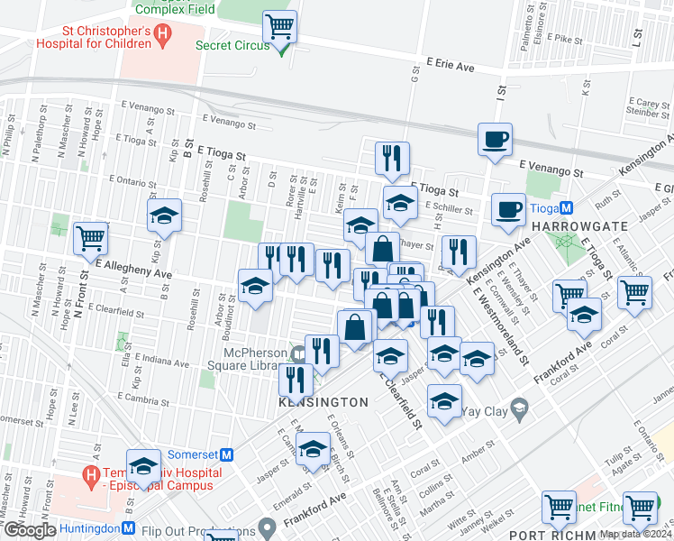 map of restaurants, bars, coffee shops, grocery stores, and more near 3248 F Street in Philadelphia