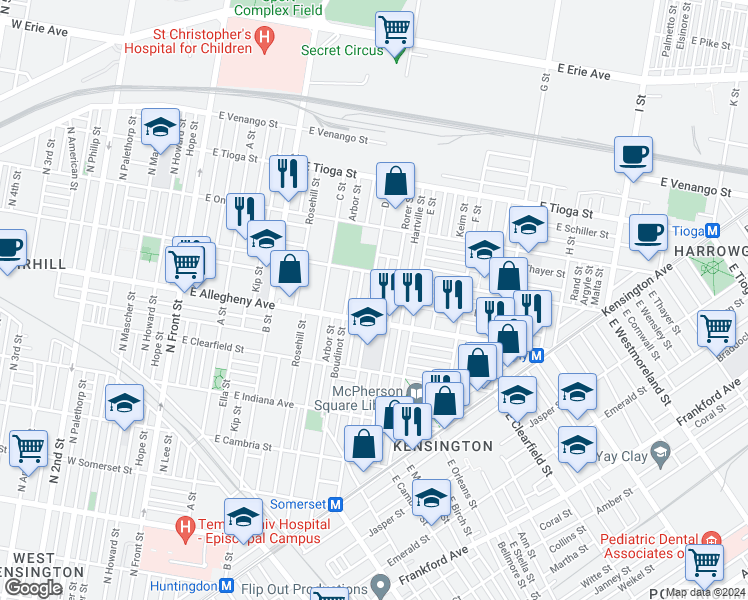 map of restaurants, bars, coffee shops, grocery stores, and more near 503 East Hilton Street in Philadelphia
