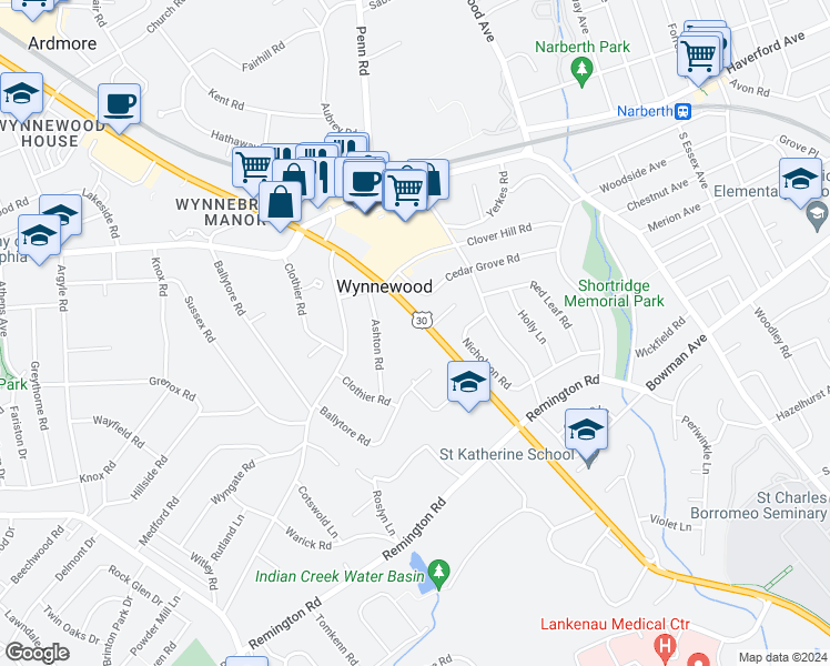 map of restaurants, bars, coffee shops, grocery stores, and more near 514 East Lancaster Avenue in Wynnewood