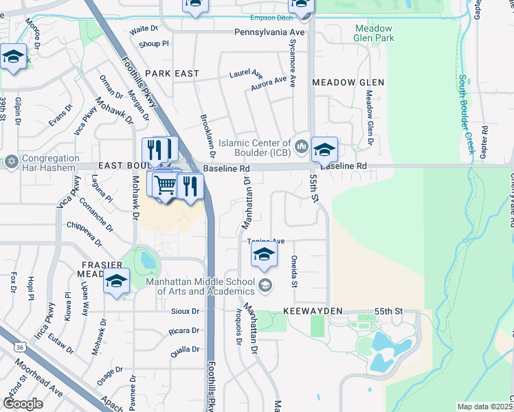 map of restaurants, bars, coffee shops, grocery stores, and more near 21 Manhattan Drive in Boulder