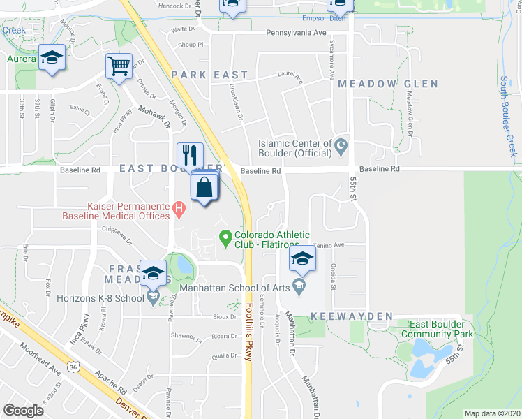 map of restaurants, bars, coffee shops, grocery stores, and more near 501 Manhattan Drive in Boulder