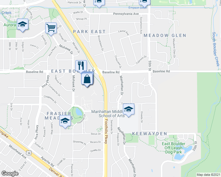 map of restaurants, bars, coffee shops, grocery stores, and more near 501 Manhattan Drive in Boulder
