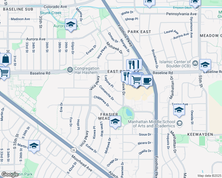 map of restaurants, bars, coffee shops, grocery stores, and more near 4430 Comanche Drive in Boulder