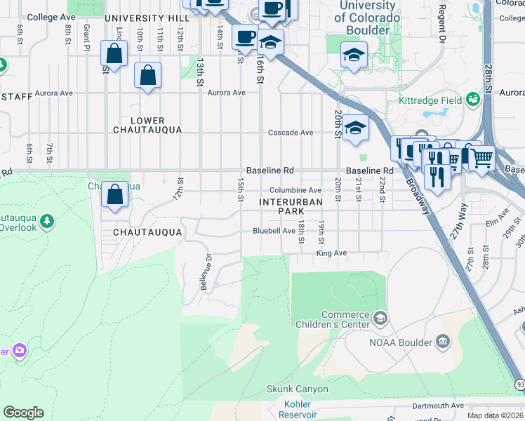 map of restaurants, bars, coffee shops, grocery stores, and more near 1511 Bluebell Avenue in Boulder