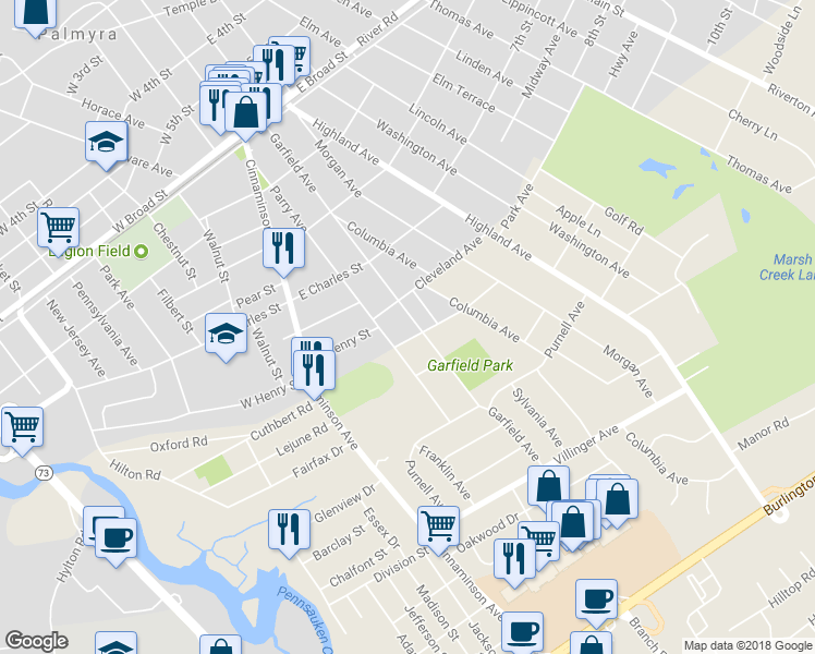 map of restaurants, bars, coffee shops, grocery stores, and more near 1011 Garfield Avenue in Palmyra