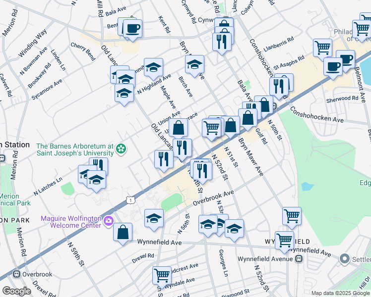 map of restaurants, bars, coffee shops, grocery stores, and more near in Bala Cynwyd
