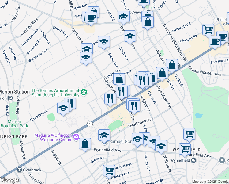 map of restaurants, bars, coffee shops, grocery stores, and more near 212 Edgehill Road in Merion Station