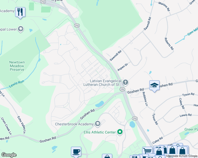 map of restaurants, bars, coffee shops, grocery stores, and more near 304 Orchard Lane in Newtown Square