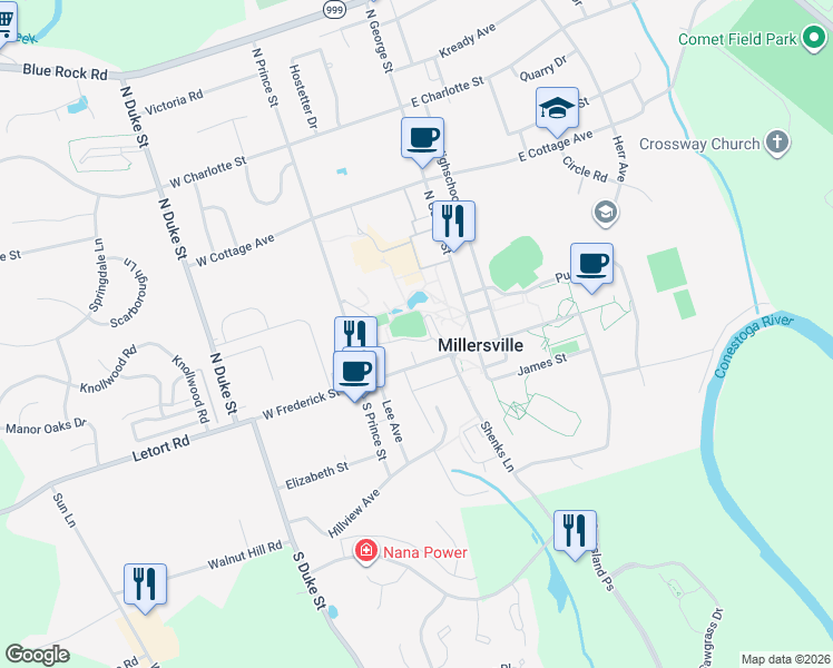 map of restaurants, bars, coffee shops, grocery stores, and more near in Millersville