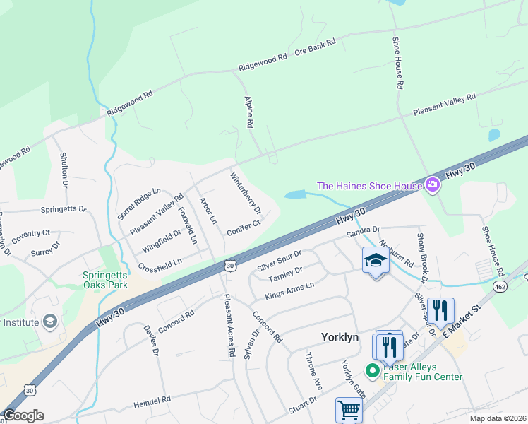 map of restaurants, bars, coffee shops, grocery stores, and more near 3832 Conifer Court in York