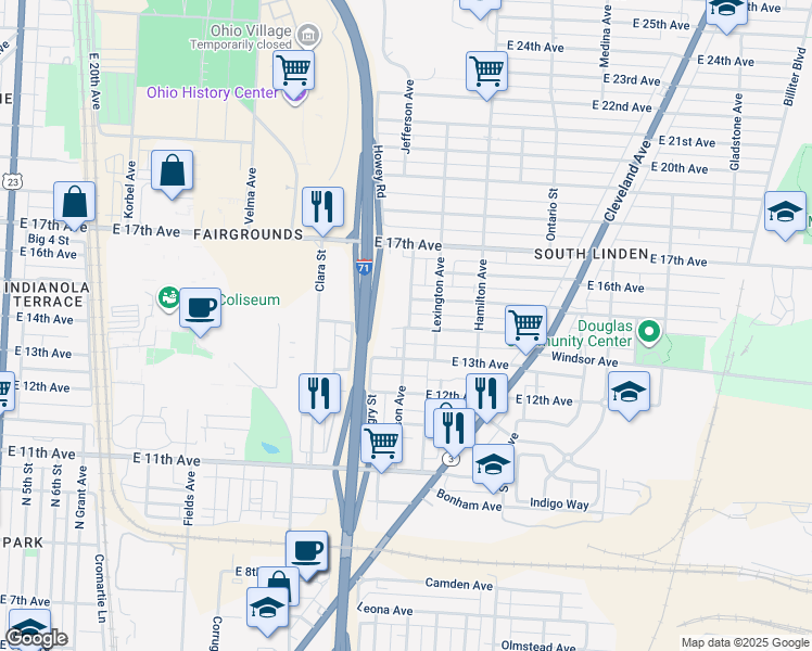 map of restaurants, bars, coffee shops, grocery stores, and more near 898 East 13th Avenue in Columbus