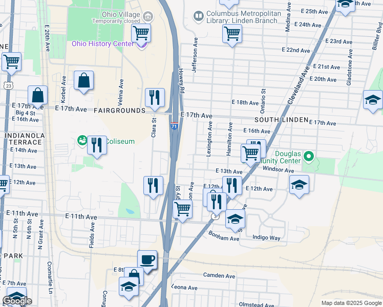 map of restaurants, bars, coffee shops, grocery stores, and more near 898 East 13th Avenue in Columbus